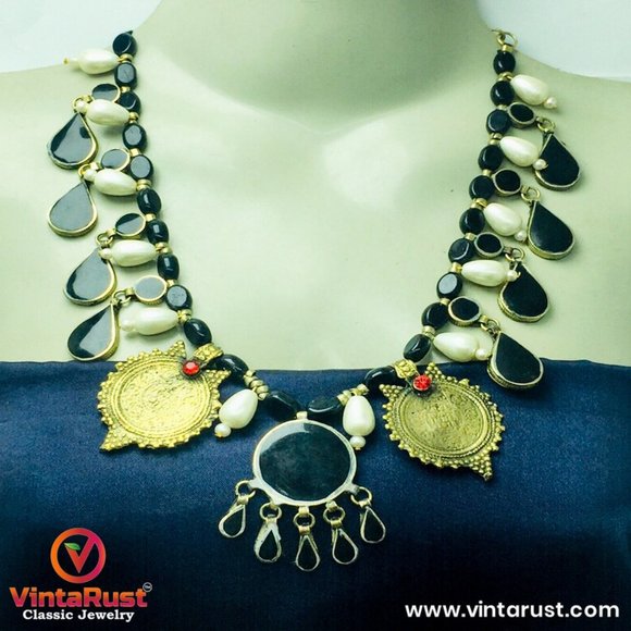 Choker Necklace With Stones Pearls and Coins, Ethnic Handmade Choker Necklace - Picture 2 of 8